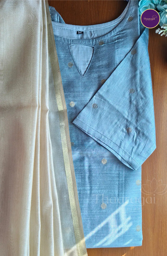 Raw Silk Pastel Blue Kurti with Motif and Sandal Dupatta