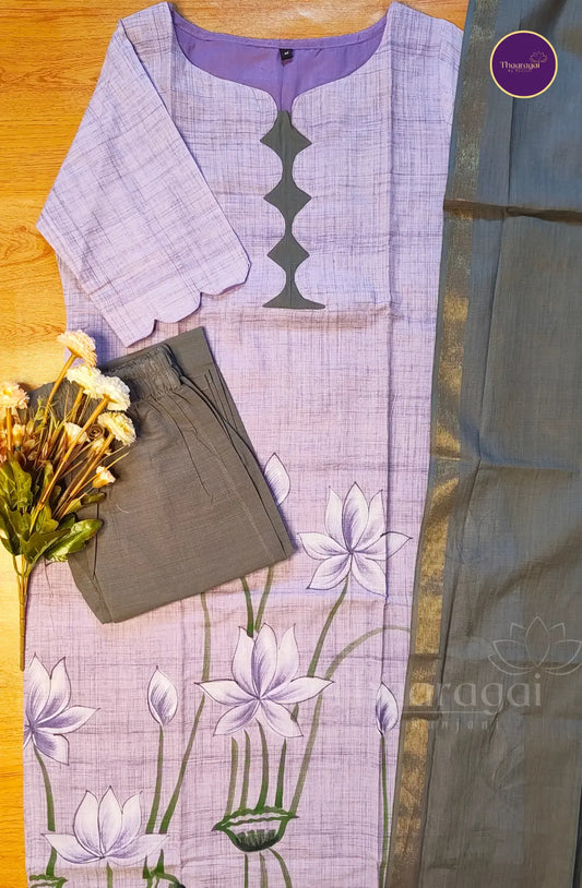 Lavender Lotus Hand Painted Cotton Kurti Set - 3 Piece Set