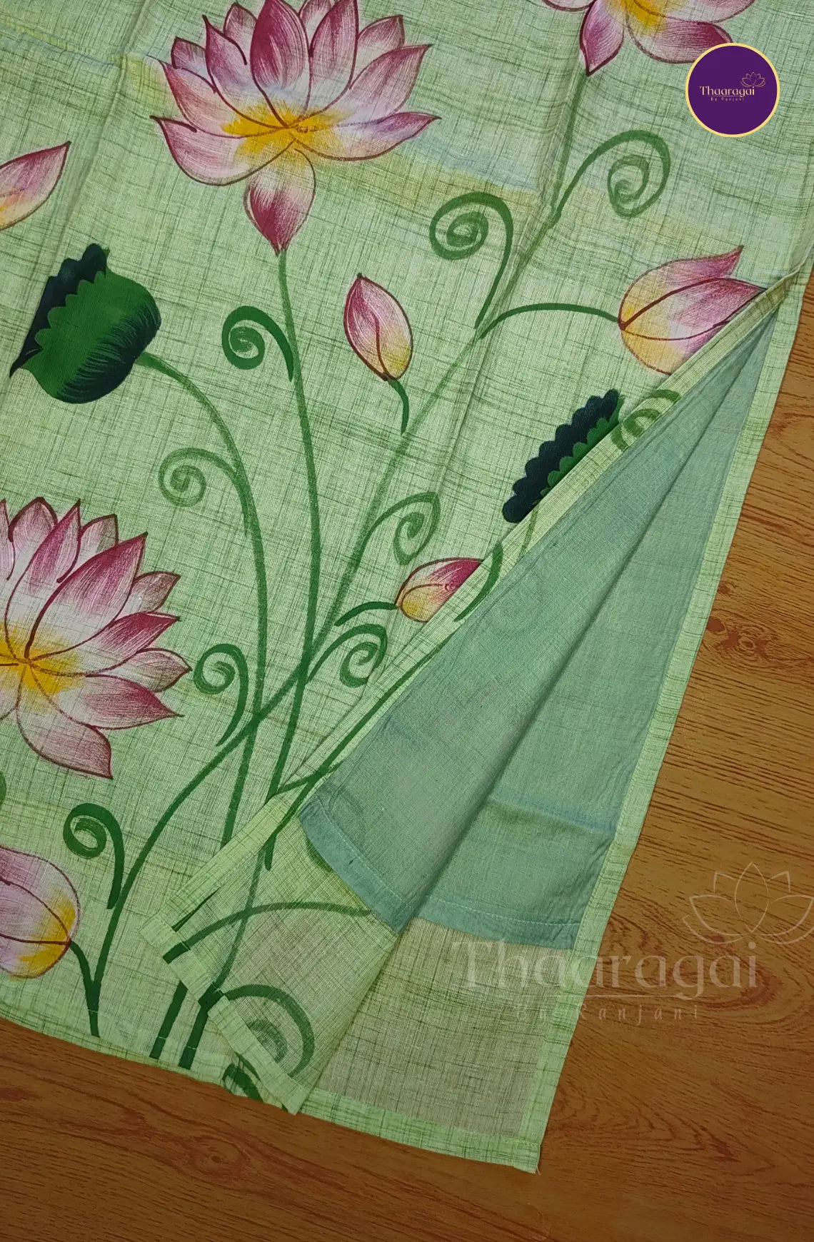 Lotus Bloom Hand Painted Cotton Kurti Set in Pastel Green- 3 Piece Set