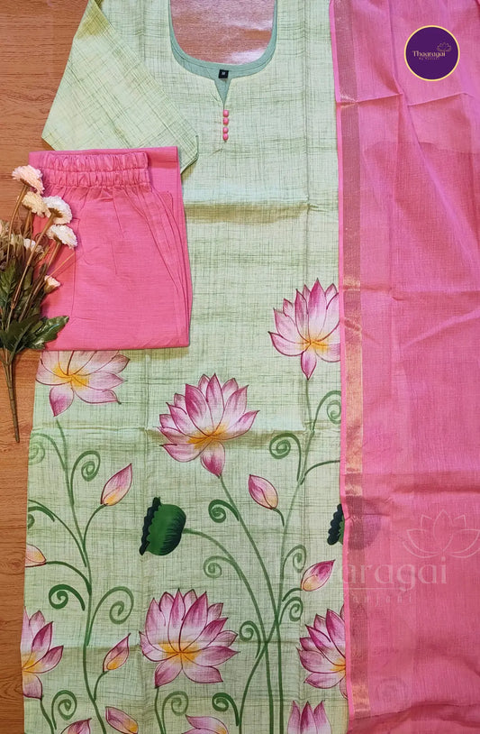 Lotus Bloom Hand Painted Cotton Kurti Set in Pastel Green- 3 Piece Set