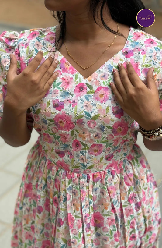 Hakoba Cotton Maxi in Pastel Peach with Pink Florals