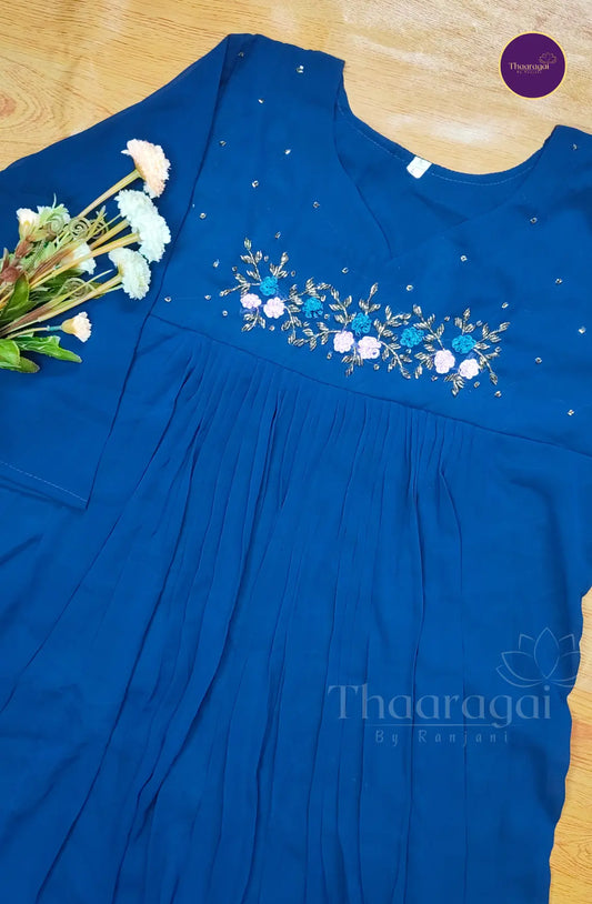 Navy Blue Georgette A-Line Top with Floral Hand worked Yoke