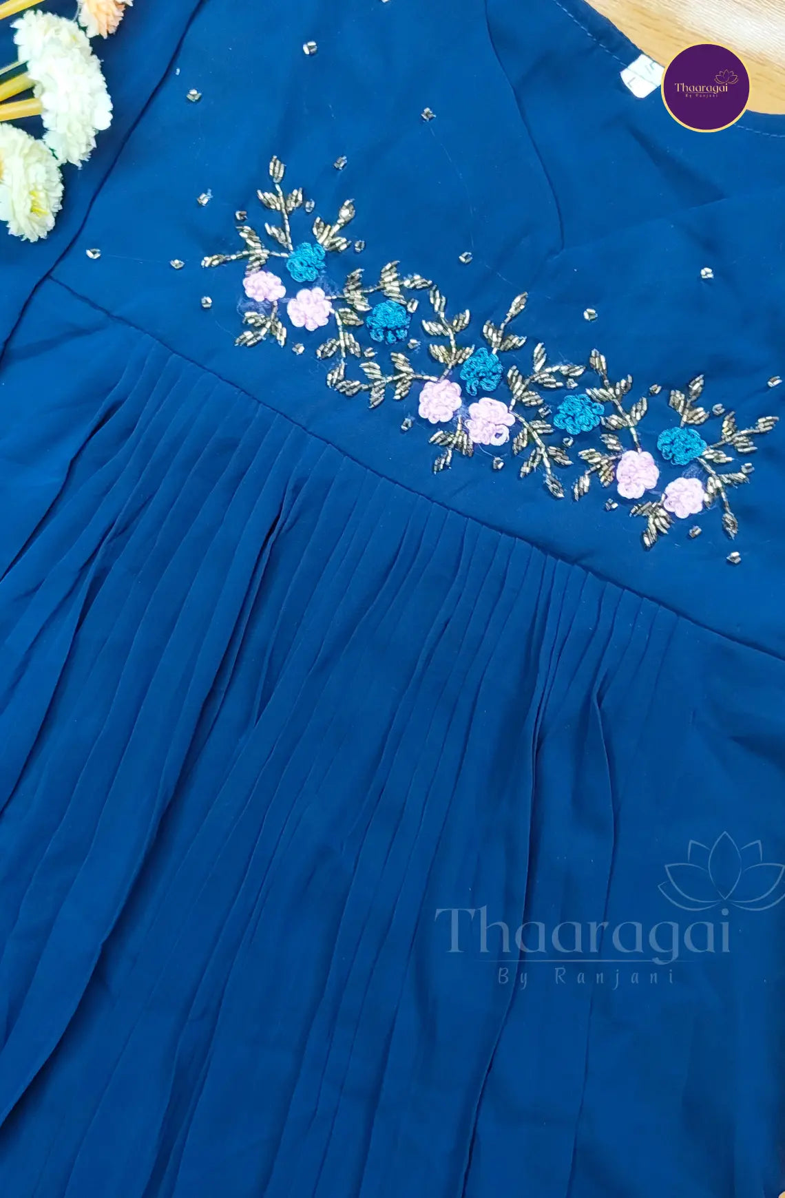 Navy Blue Georgette A-Line Top with Floral Hand worked Yoke