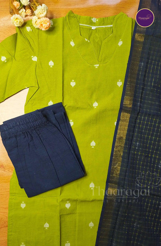 Pure Handloom Cotton Kurti Set in Grass Green - 3 Pcs Set