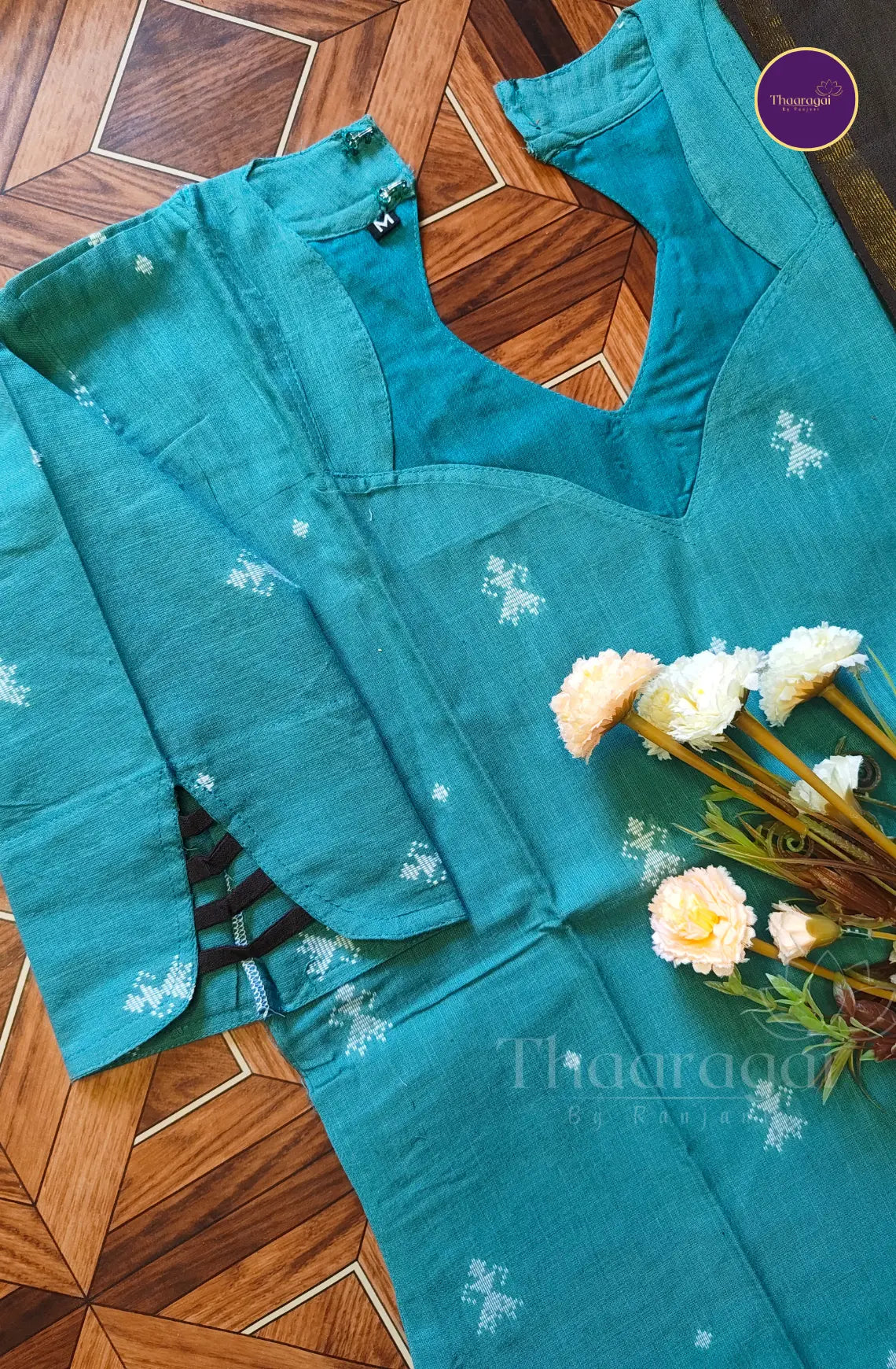 Pure Handloom Cotton Kurti Set in Aqua Blue - 3 Piece Set