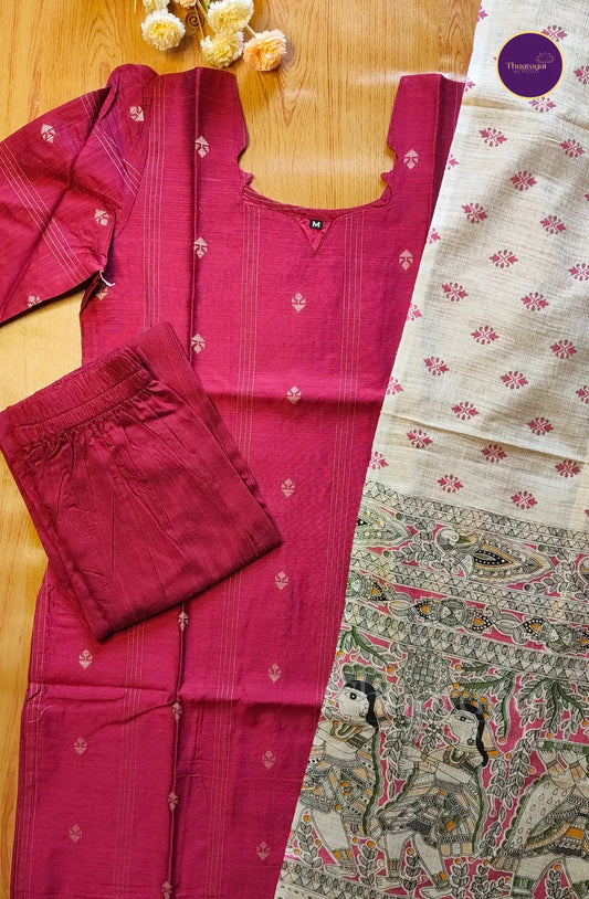 Raw Silk Rani Pink Kurti Set with Madhubani Print Dupatta