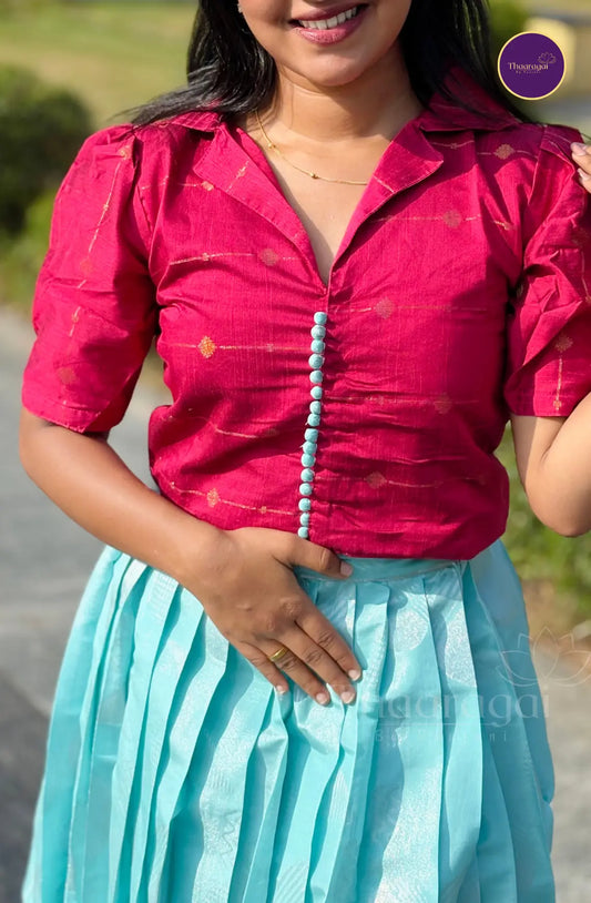 Raw Silk Stiched Rani Pink Top with Kota Tissue Sky Blue Skirt - Ethnic Wear