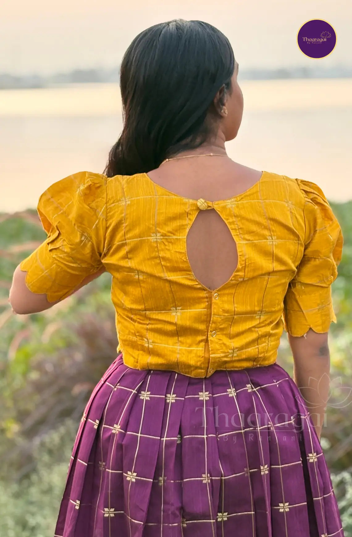 Raw Silk Stiched Yellow Top with Deep Purple Skirt - Ethnic Wear