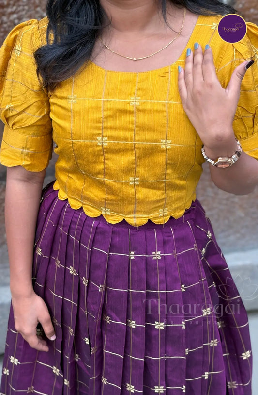 Raw Silk Stiched Yellow Top with Deep Purple Skirt - Ethnic Wear