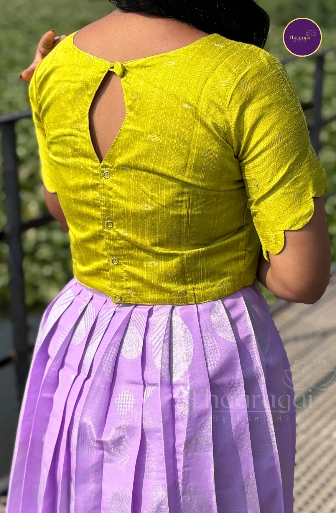 Raw Silk Green Top with Kota Tissue Lavender Skirt - Ethnic Wear