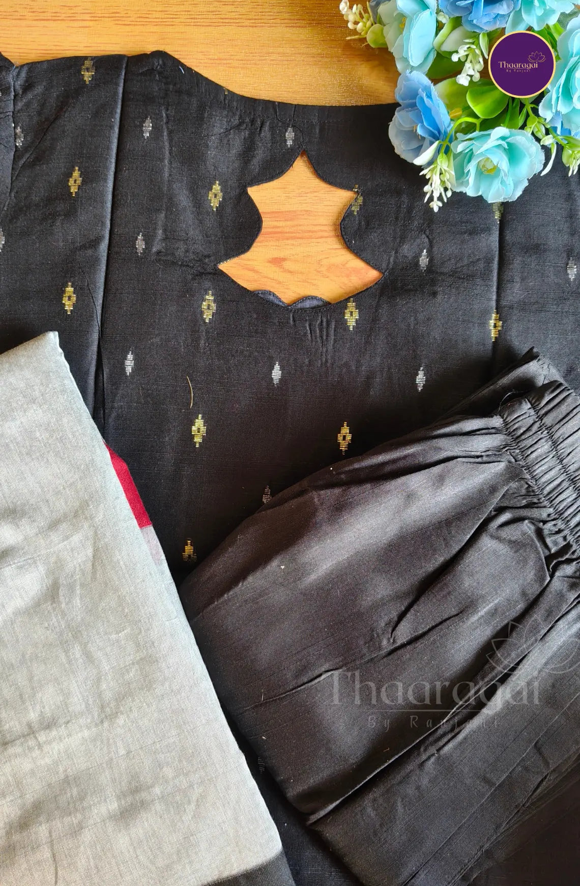 Black Raw Silk Kurti Set - 3 Pcs Set