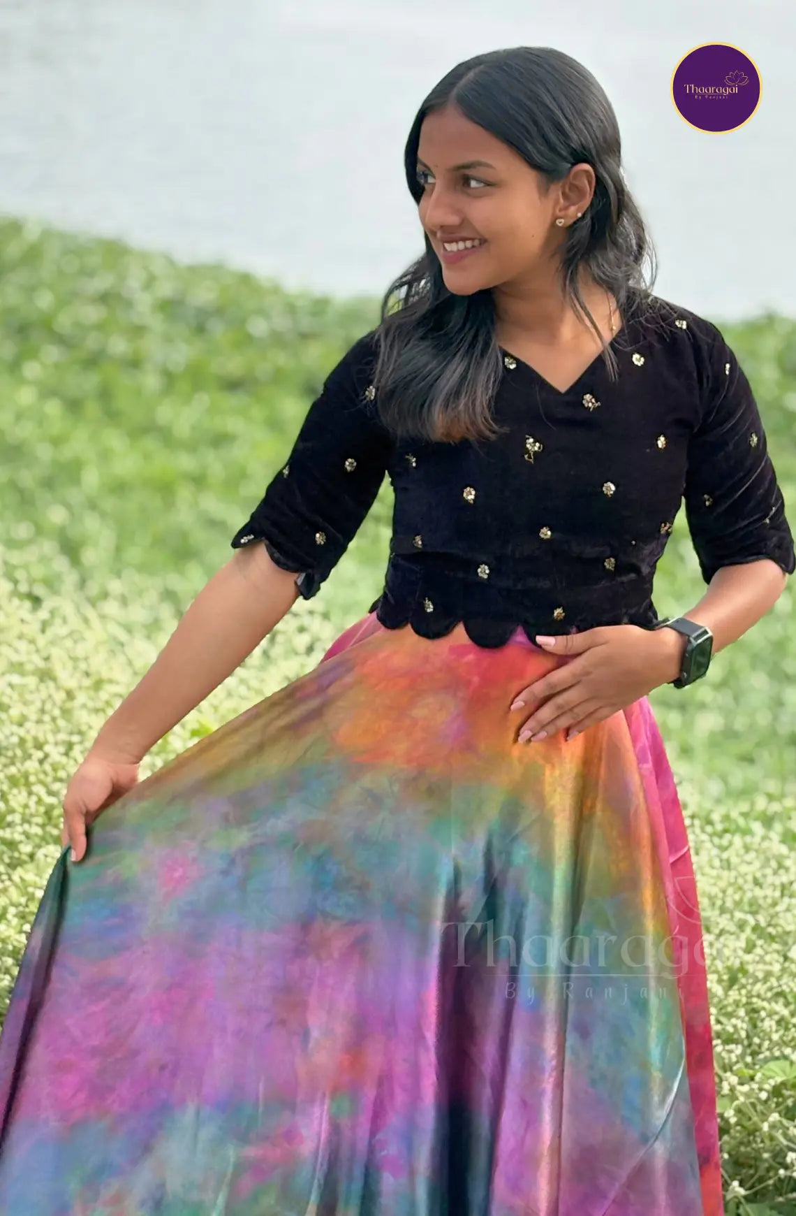 Black Velvet Stiched Top with Satin Multicolor Skirt - Ethnic Wear