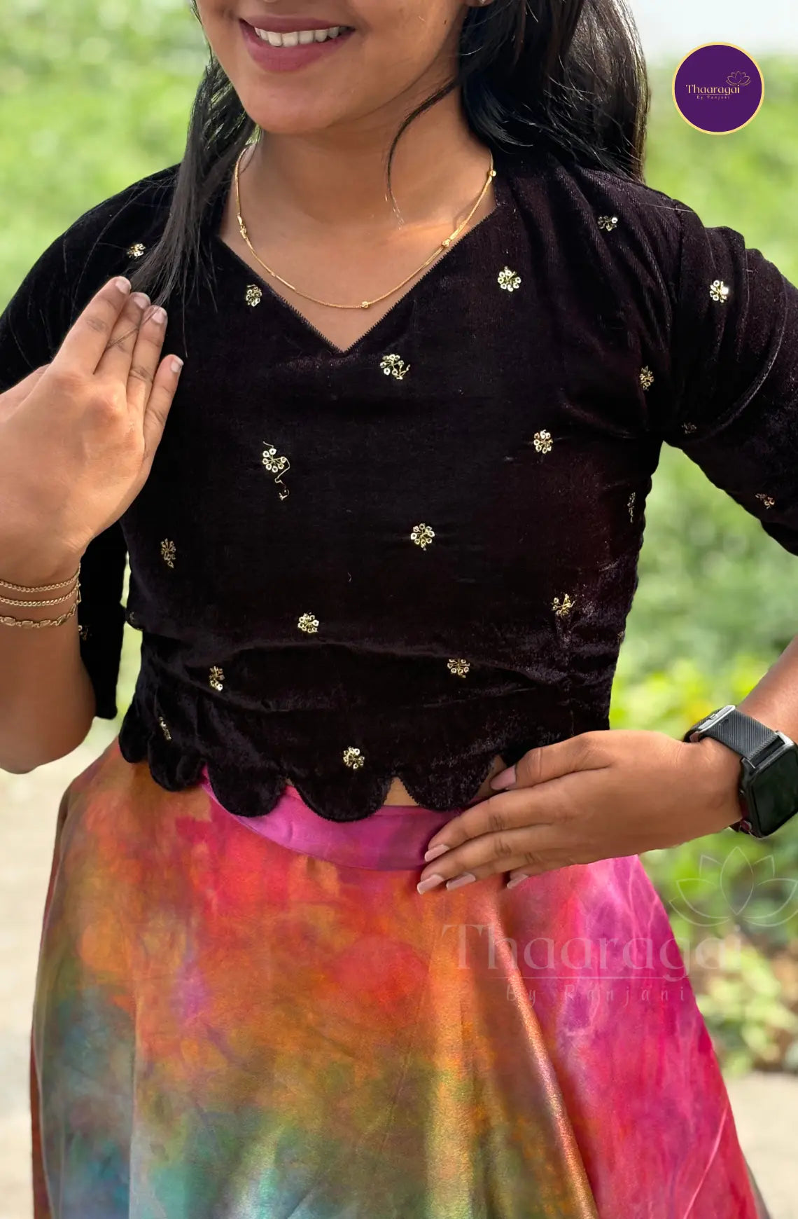 Black Velvet Stiched Top with Satin Multicolor Skirt - Ethnic Wear