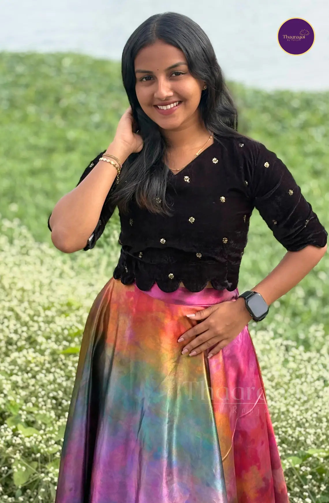 Black Velvet Stiched Top with Satin Multicolor Skirt - Ethnic Wear