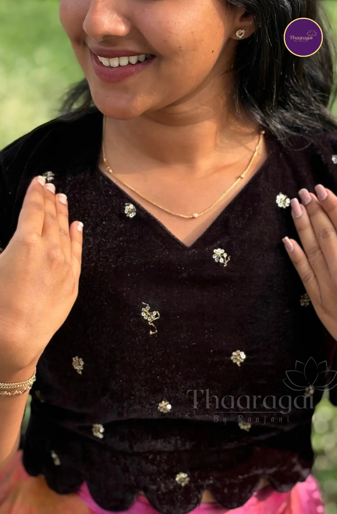 Black Velvet Stiched Top with Satin Multicolor Skirt - Ethnic Wear