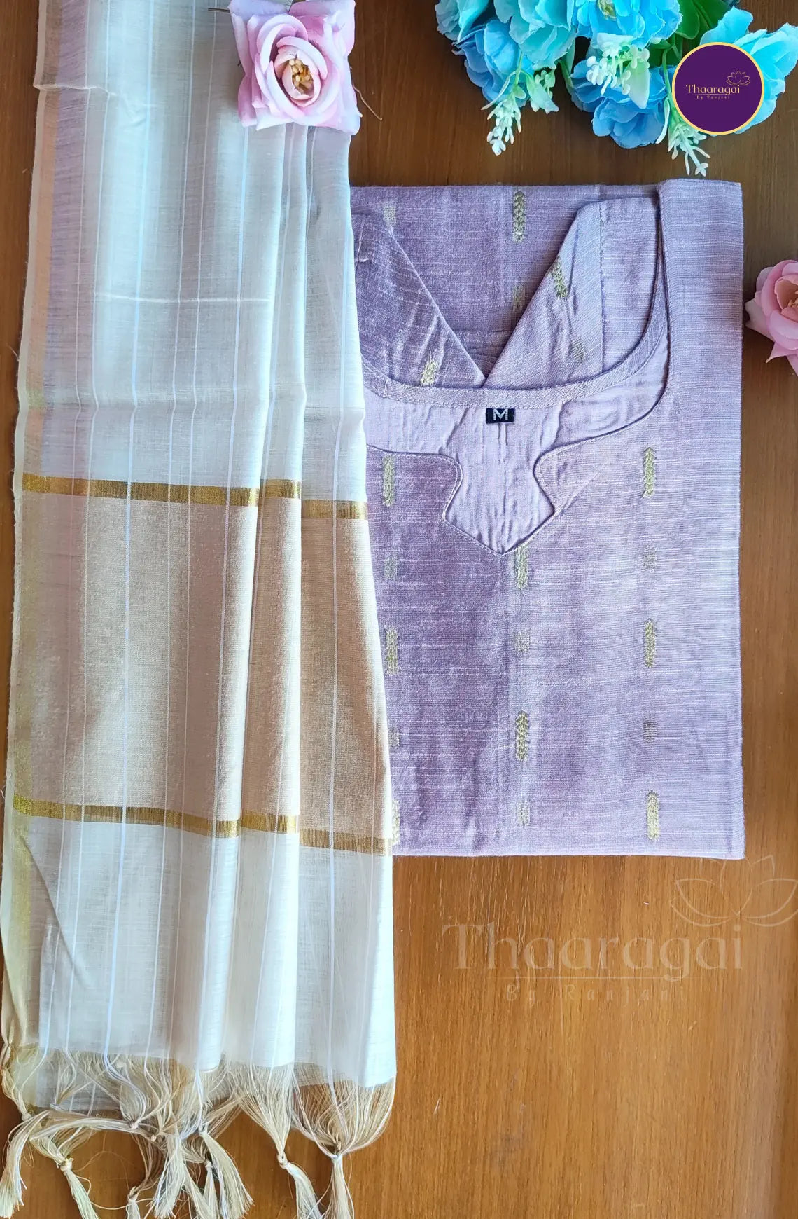 Raw Silk Coral Pink Kurti with Motif and Dupatta - 2 Pcs Set