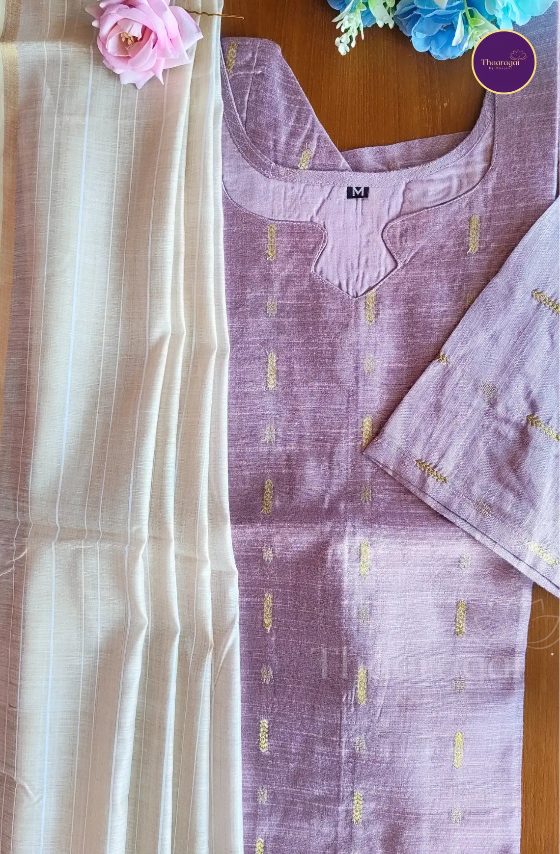 Raw Silk Coral Pink Kurti with Motif and Dupatta - 2 Pcs Set