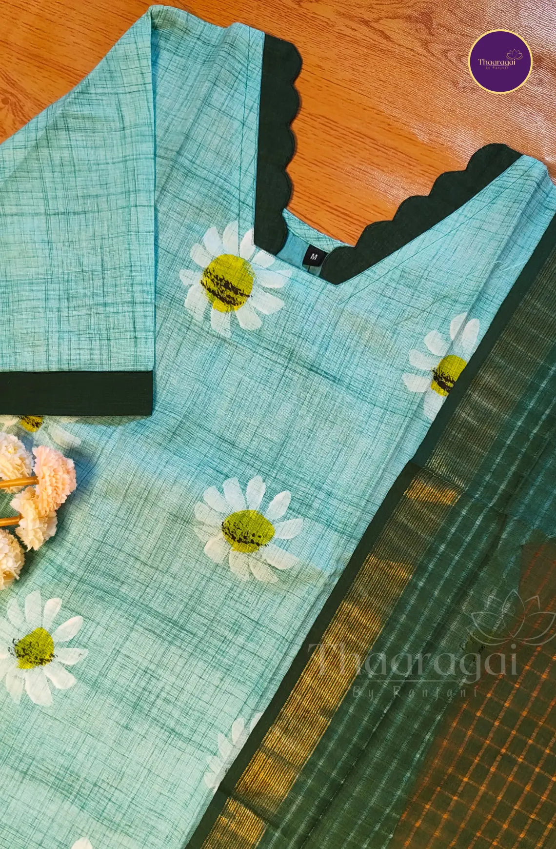 Floral Hand Painted Cotton Kurti Set in Skyblue - 3 Piece Set