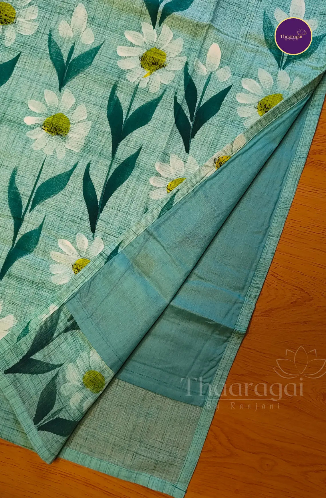 Floral Hand Painted Cotton Kurti Set in Skyblue - 3 Piece Set