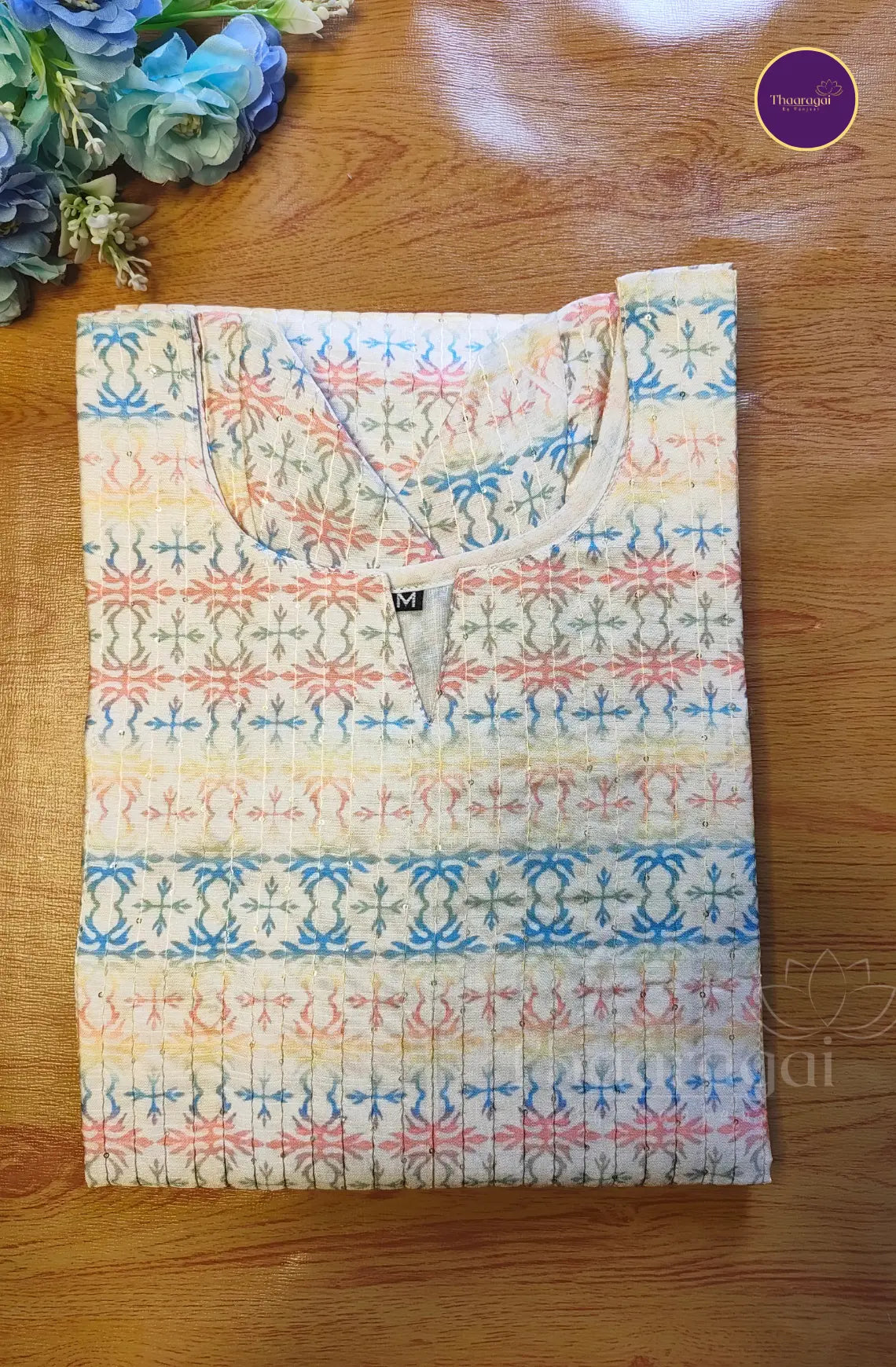 Ivory Pastel Print Cotton Kurti with Sequence Work