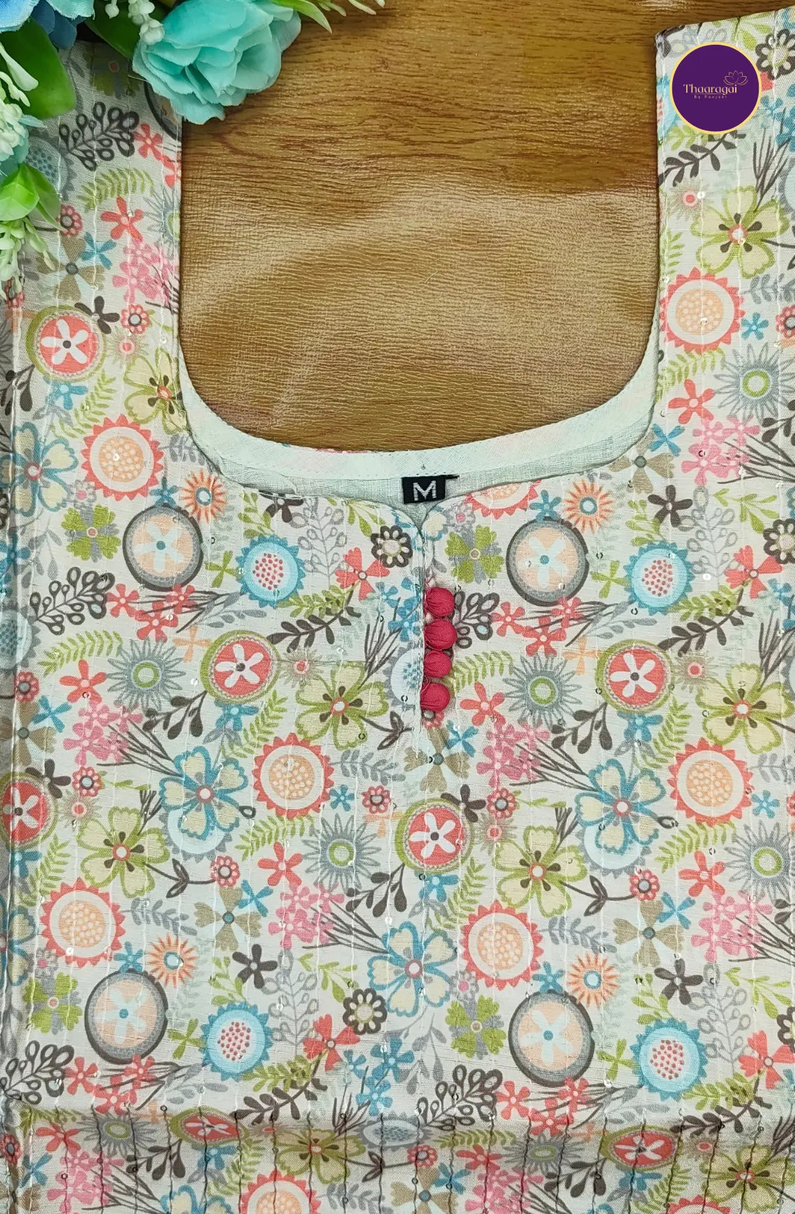 Cream Multi Colored Print Cotton Kurti with Sequence Work