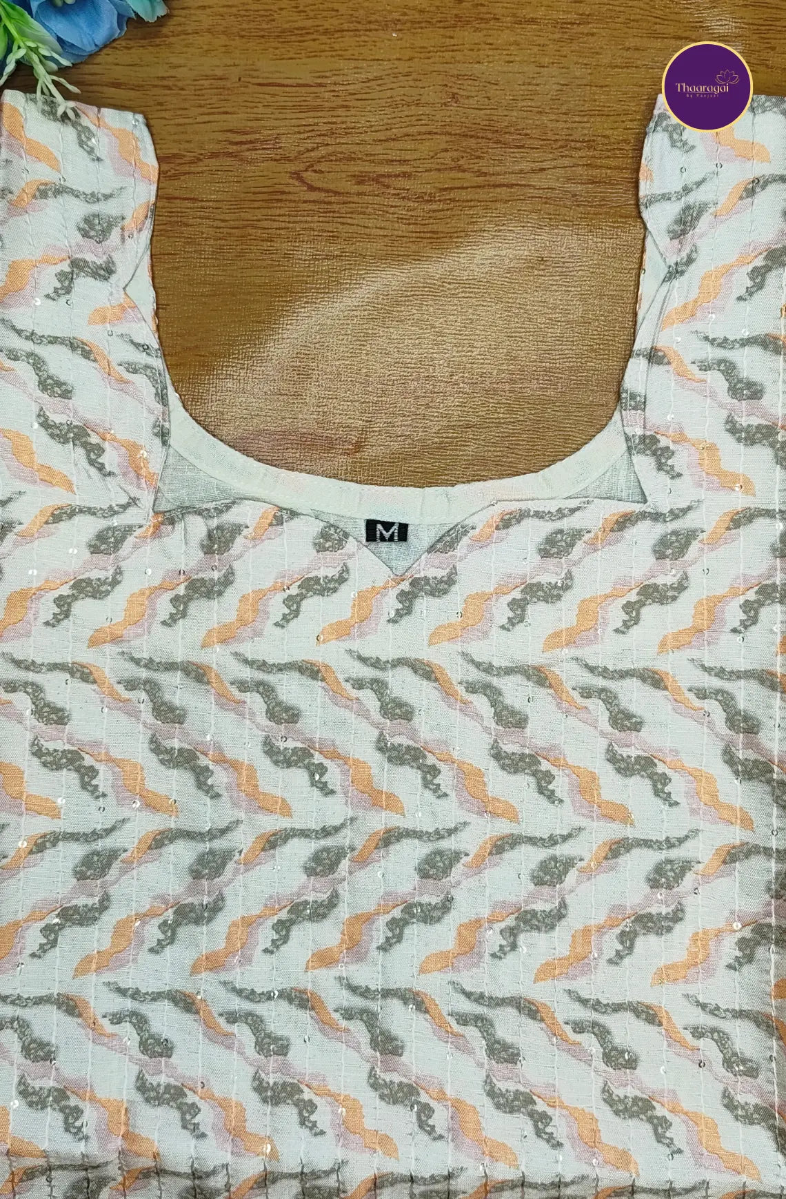 Pastel Wave Printed Cotton Kurti with Sequence Work