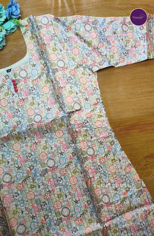 Cream Multi Colored Print Cotton Kurti with Sequence Work