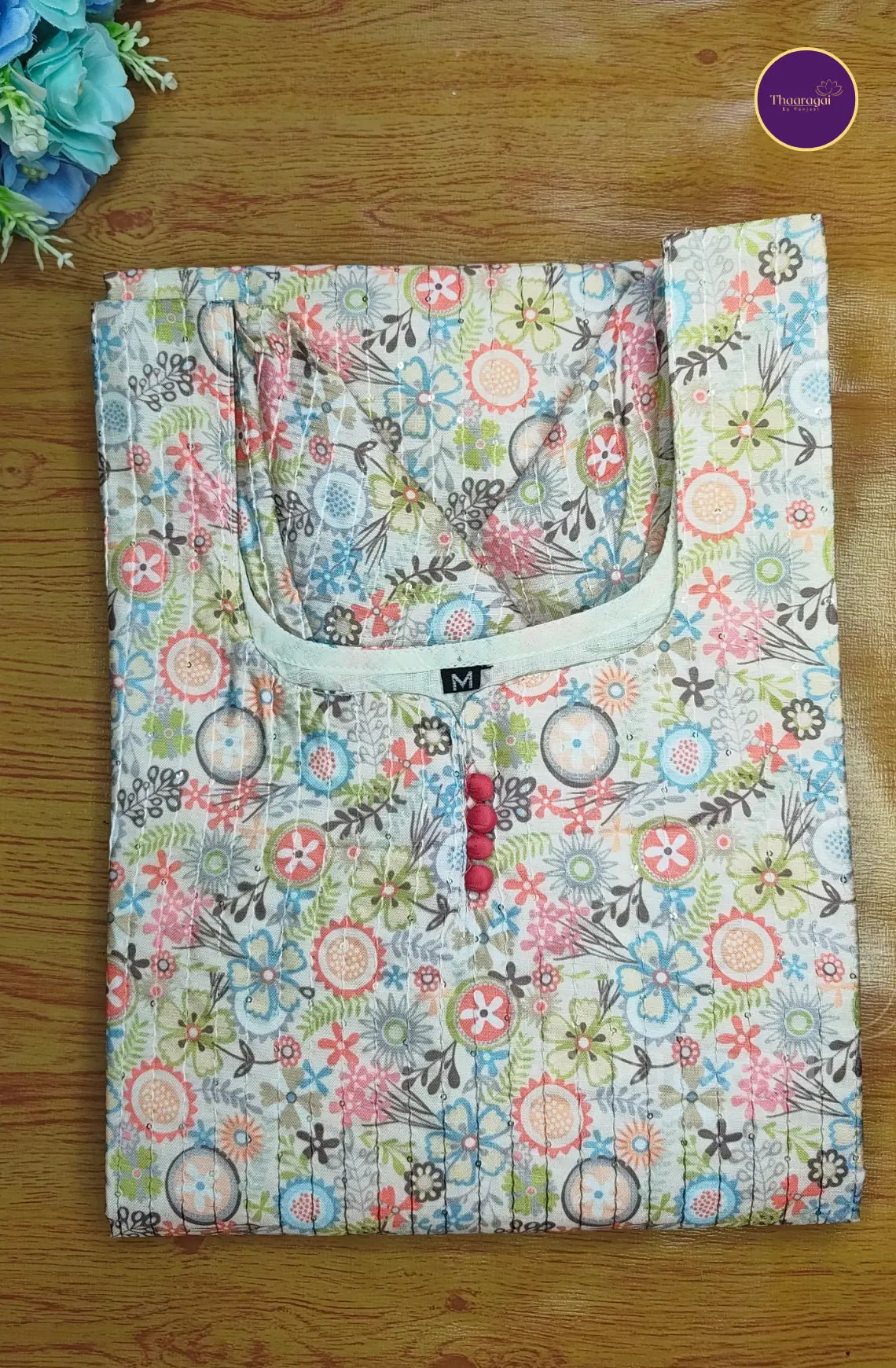 Cream Multi Colored Print Cotton Kurti with Sequence Work