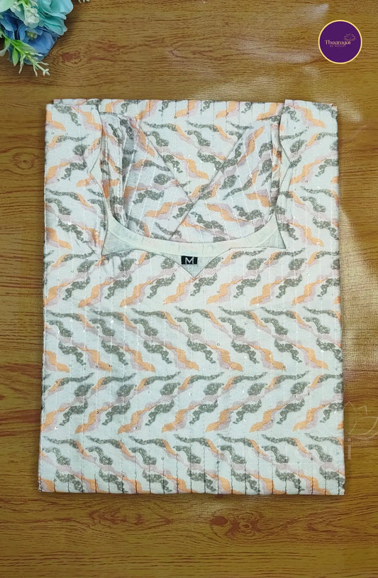 Pastel Wave Printed Cotton Kurti with Sequence Work