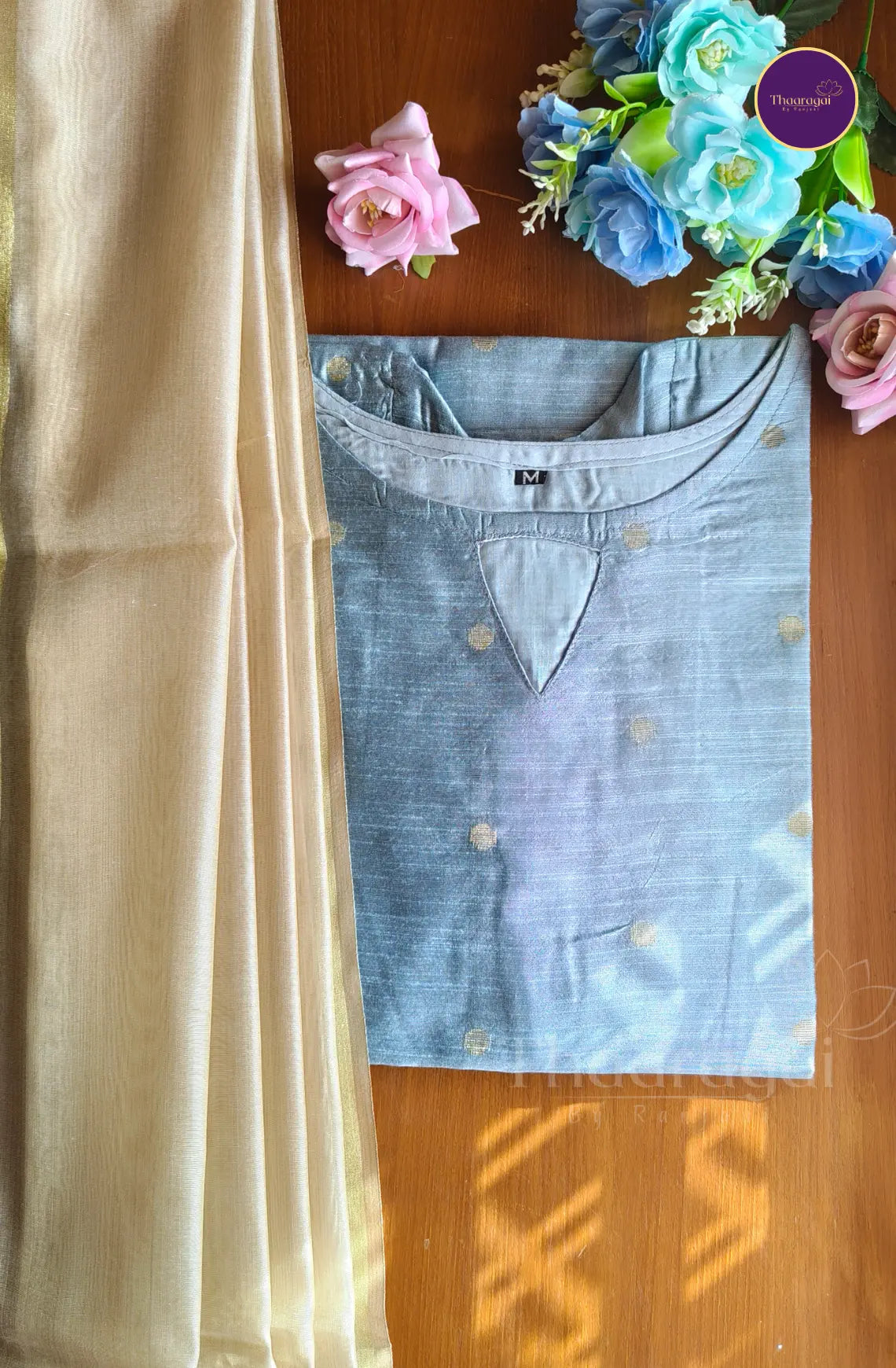Raw Silk Pastel Blue Kurti with Motif and Sandal Dupatta