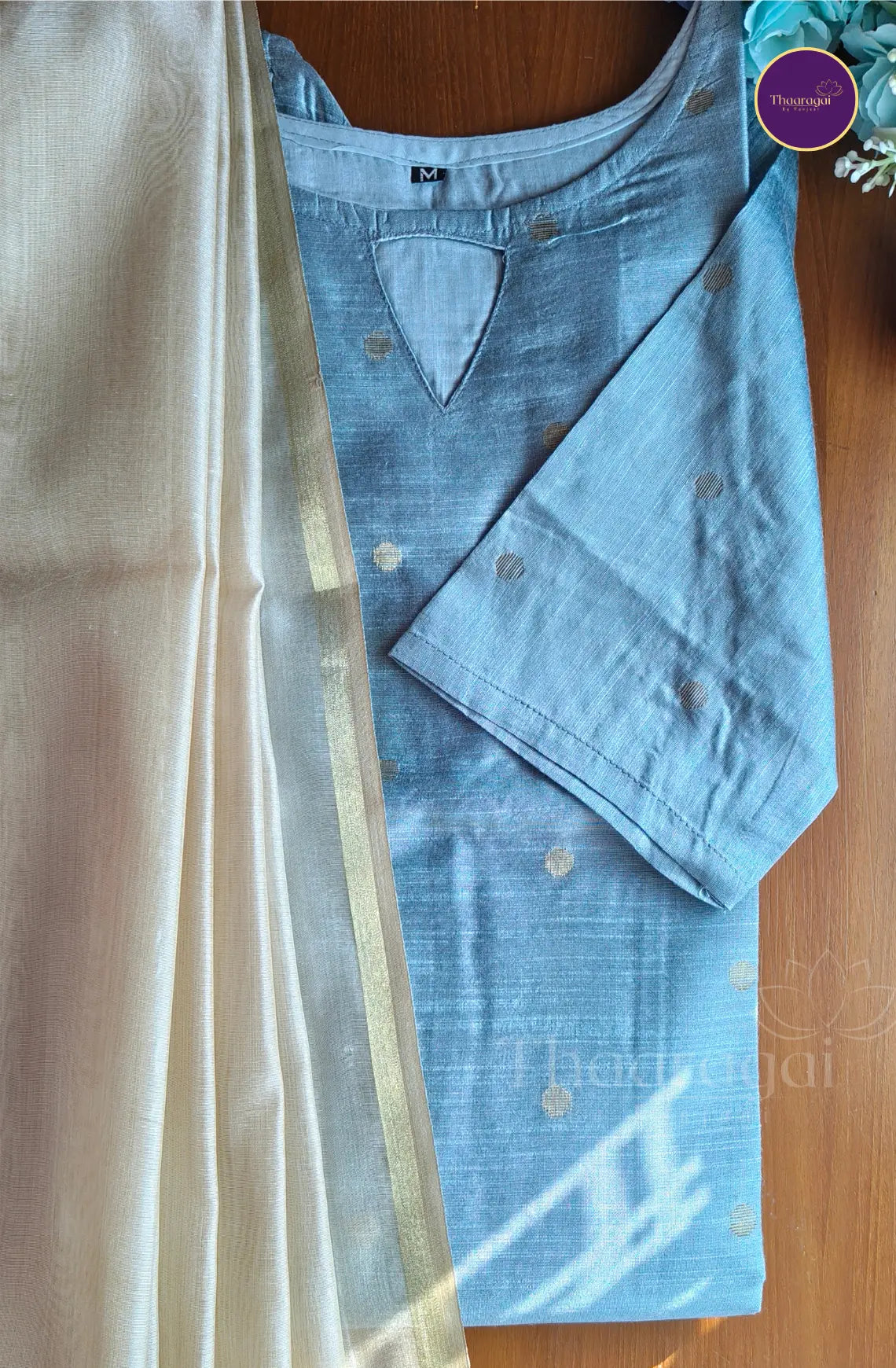 Raw Silk Pastel Blue Kurti with Motif and Sandal Dupatta