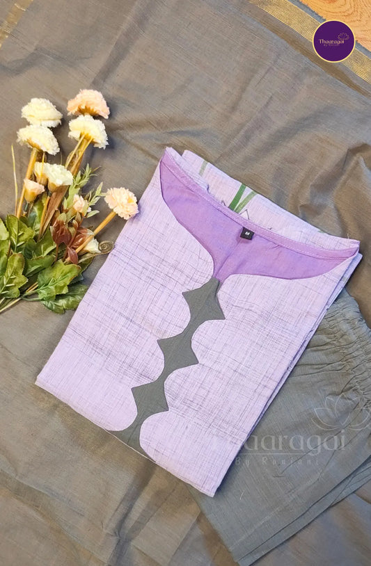 Lavender Lotus Hand Painted Cotton Kurti Set  - 3 Piece Set