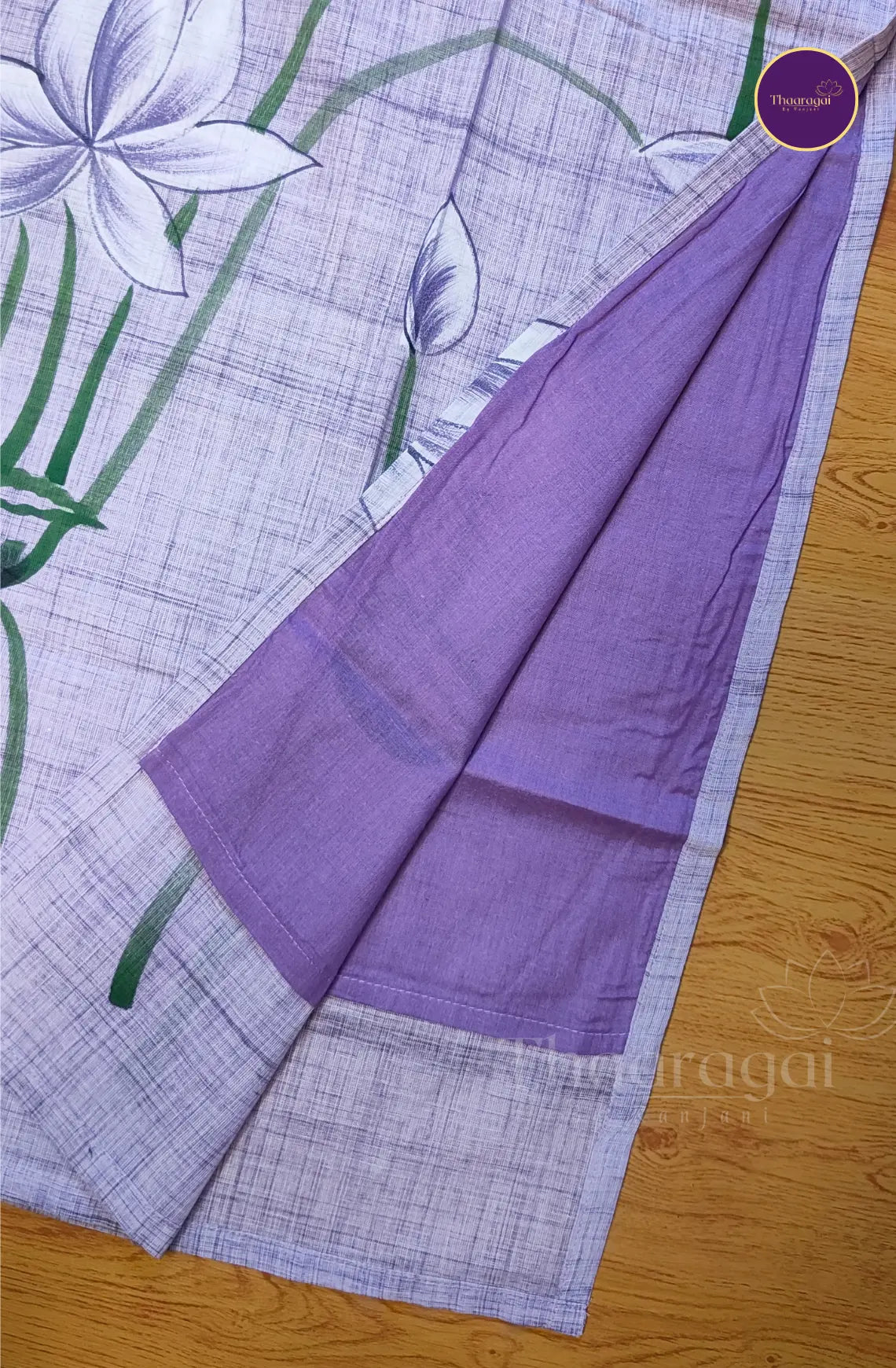 Lavender Lotus Hand Painted Cotton Kurti Set  - 3 Piece Set