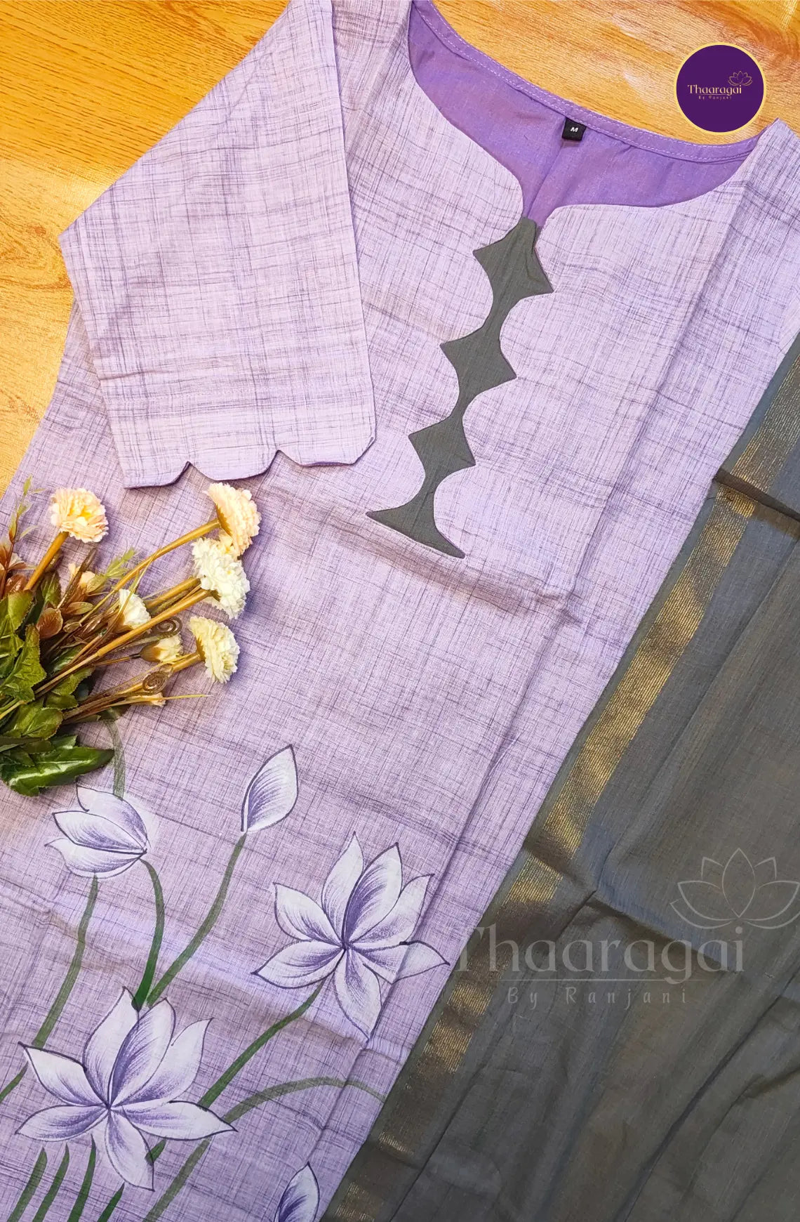 Lavender Lotus Hand Painted Cotton Kurti Set  - 3 Piece Set