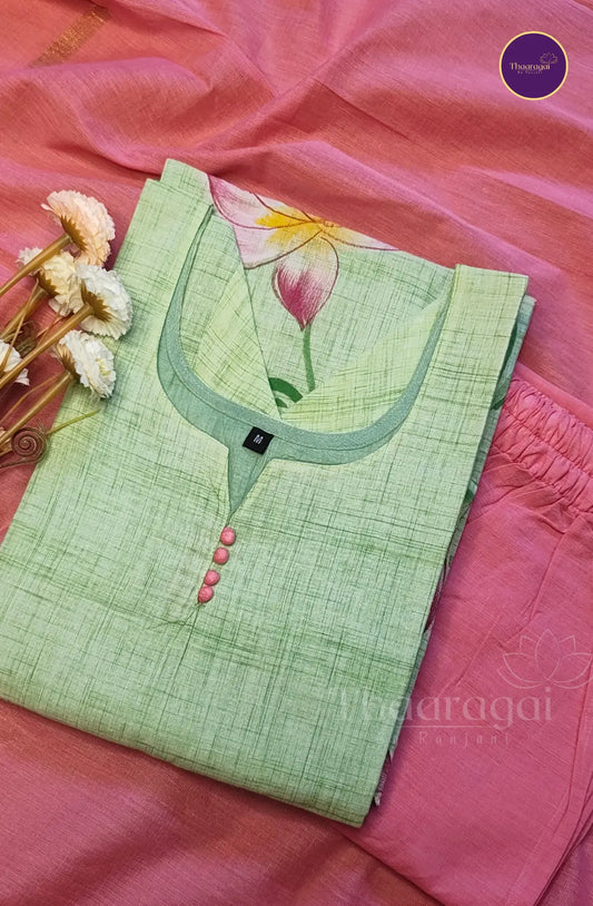 Lotus Bloom Hand Painted Cotton Kurti Set in Pastel Green- 3 Piece Set
