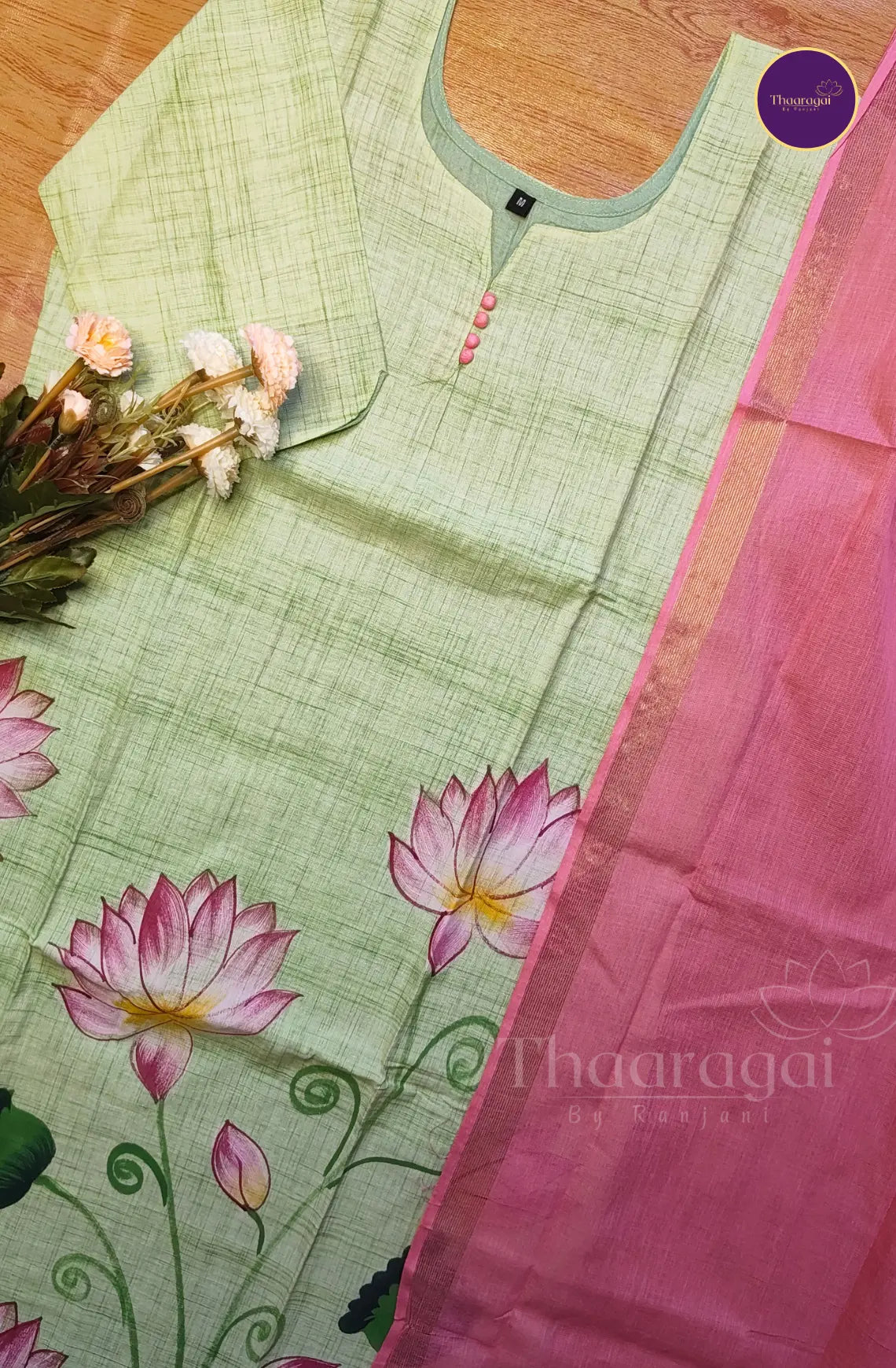 Lotus Bloom Hand Painted Cotton Kurti Set in Pastel Green- 3 Piece Set