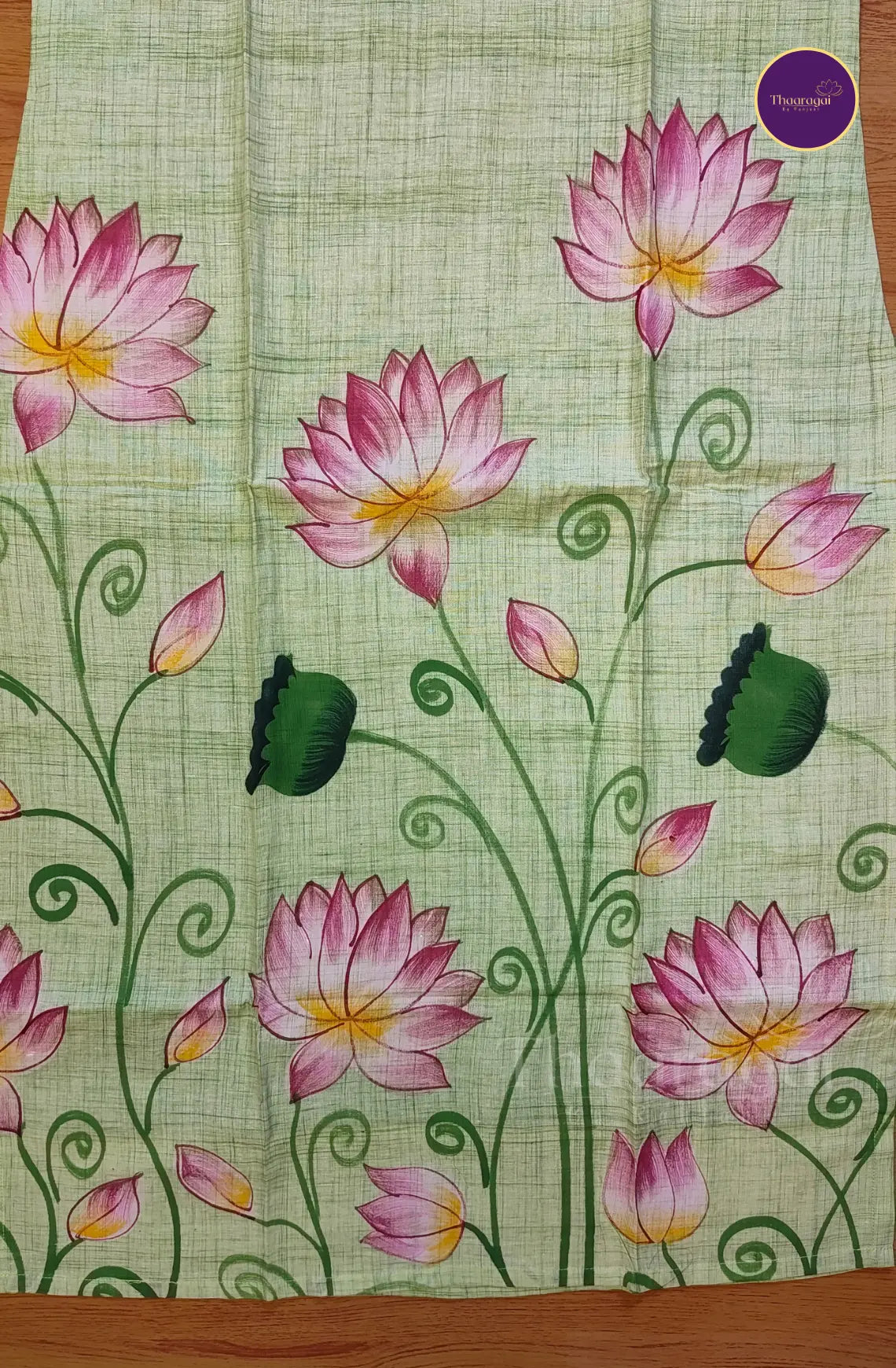 Lotus Bloom Hand Painted Cotton Kurti Set in Pastel Green- 3 Piece Set