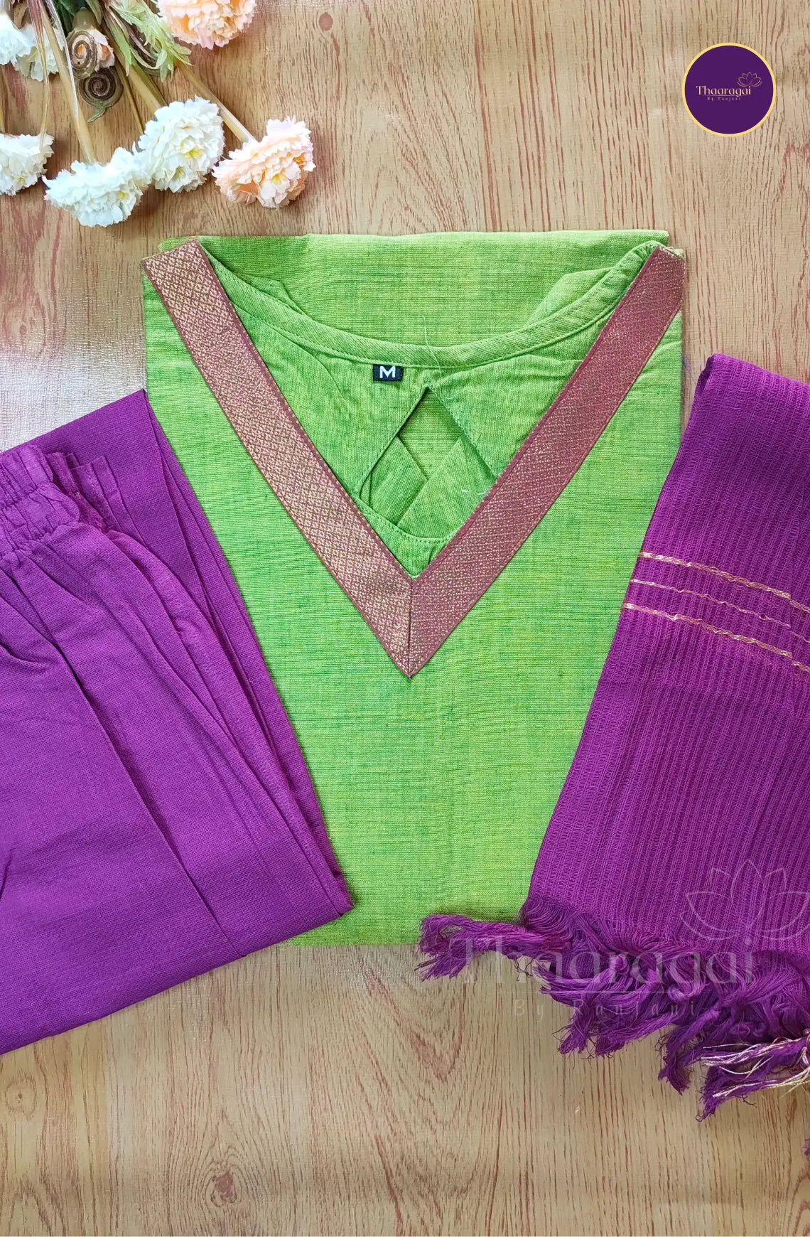 Mangalagiri  Cotton Kurti Set in Parrot Green  - 3 Pcs Set