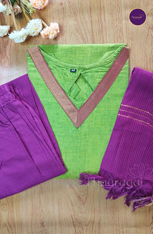 Mangalagiri  Cotton Kurti Set in Parrot Green  - 3 Pcs Set