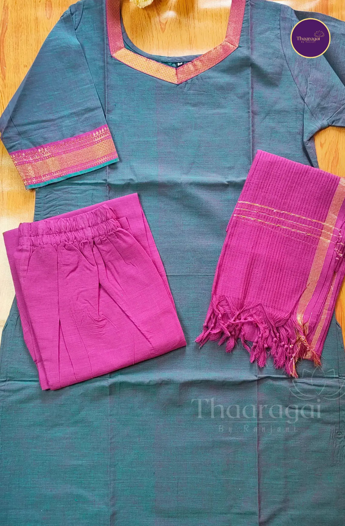 Mangalagiri  Cotton Kurti Set in Teal Blue  - 3 Pcs Set