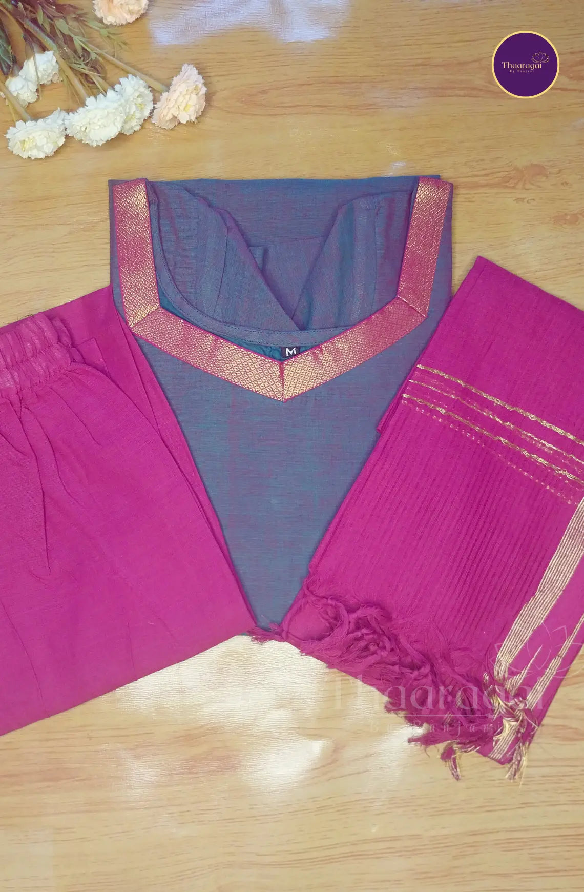 Mangalagiri  Cotton Kurti Set in Teal Blue  - 3 Pcs Set