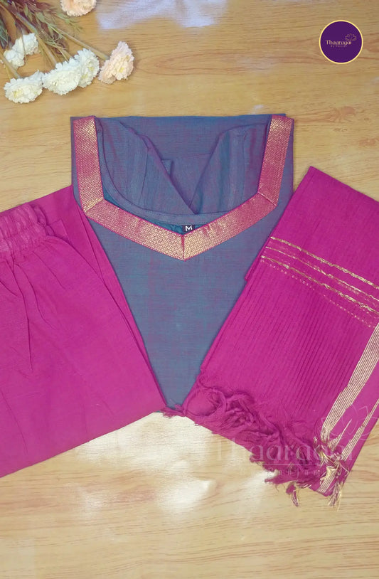 Mangalagiri  Cotton Kurti Set in Teal Blue  - 3 Pcs Set