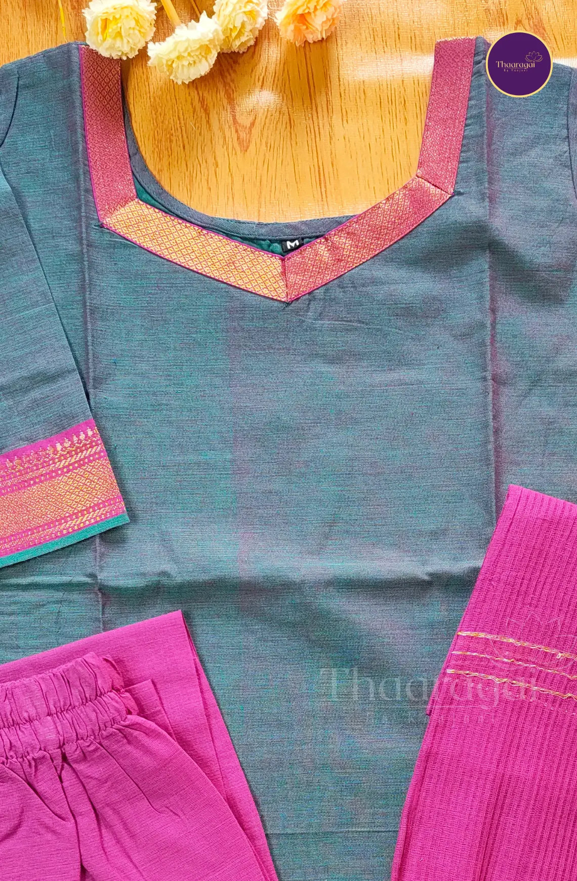 Mangalagiri  Cotton Kurti Set in Teal Blue  - 3 Pcs Set