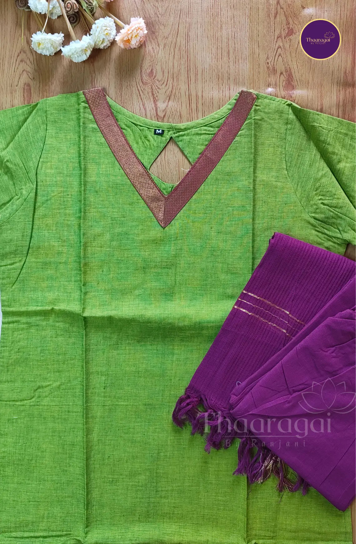 Mangalagiri  Cotton Kurti Set in Parrot Green  - 3 Pcs Set