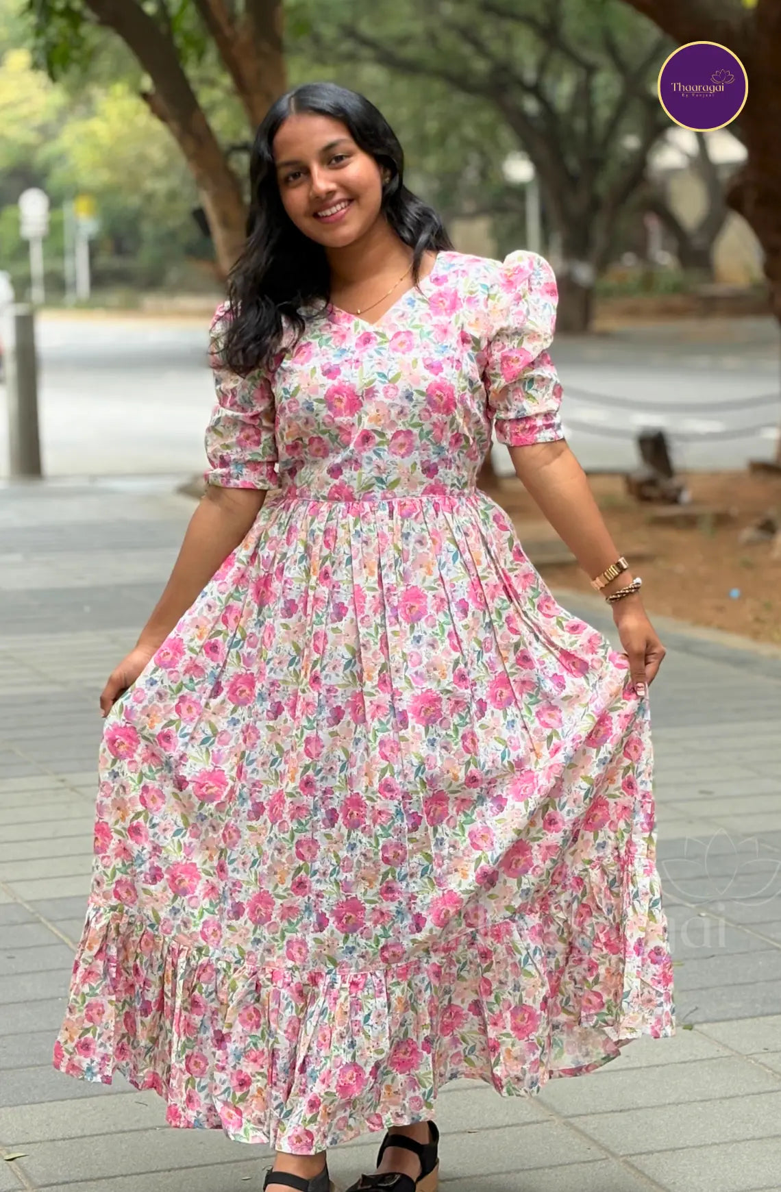 Hakoba Cotton Maxi in Pastel Peach with Pink Florals