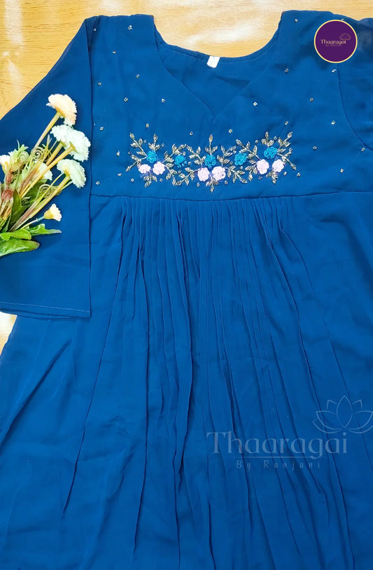 Navy Blue  Georgette A-Line Top with Floral Hand worked Yoke