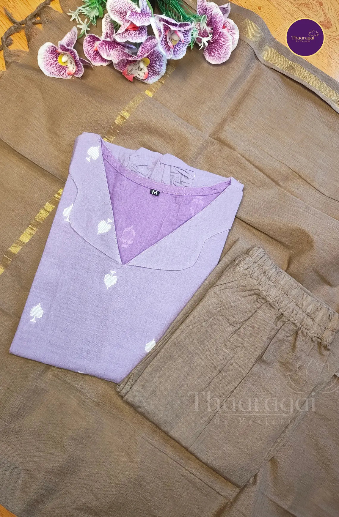 Pure Handloom Cotton Kurti Set in Lavender - 3 Pcs Set