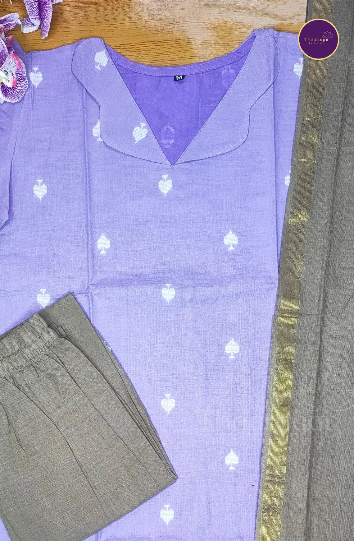 Pure Handloom Cotton Kurti Set in Lavender - 3 Pcs Set