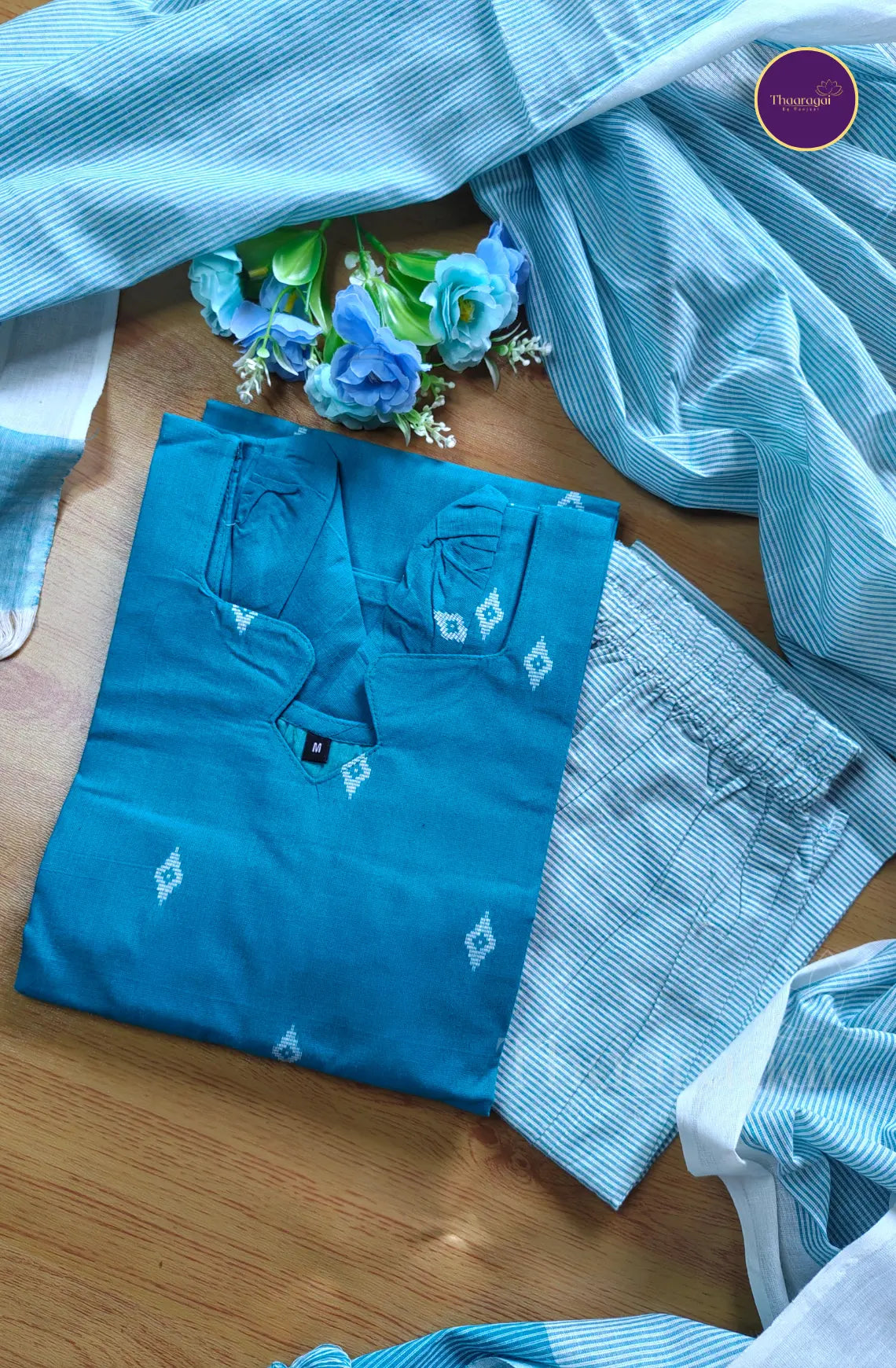 Pure Handllom Cotton Kurta Set in Teal Blue - 3 Piece Set