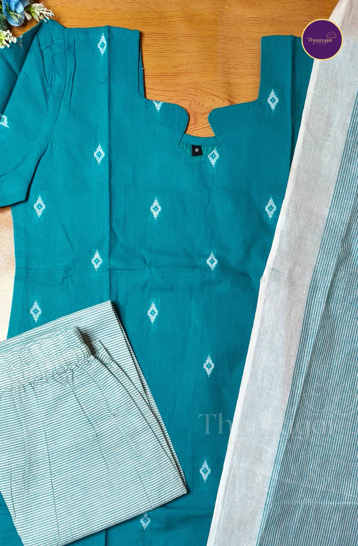 Pure Handllom Cotton Kurta Set in Teal Blue - 3 Piece Set